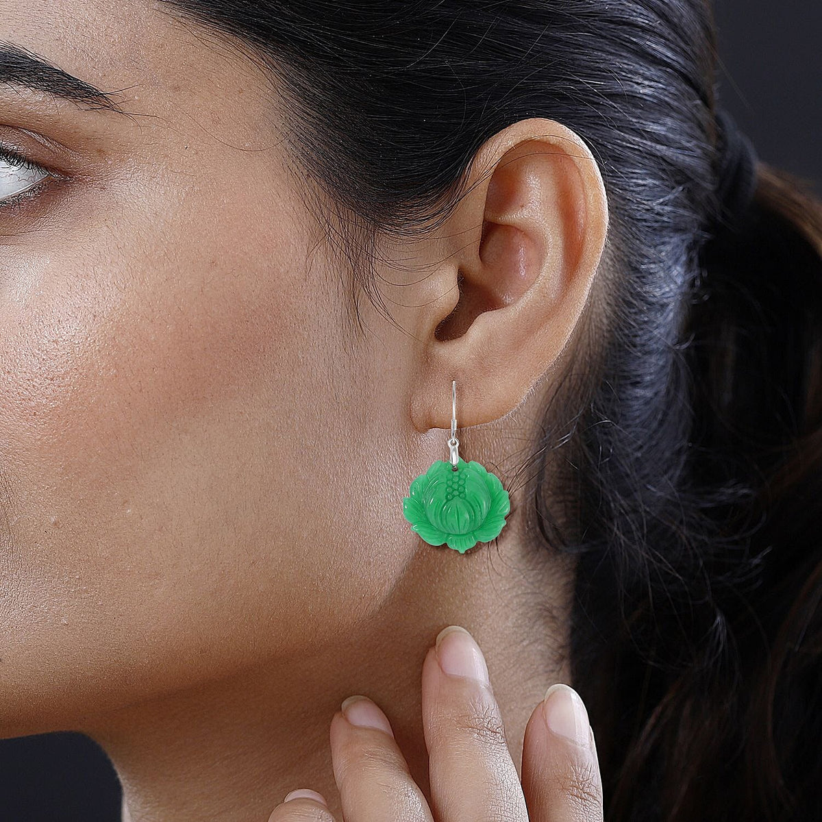 Hand Carved Green Jadeite Jade Earrings in Rhodium Overlay Sterling Silver 61.00 Ct. 3319428 3