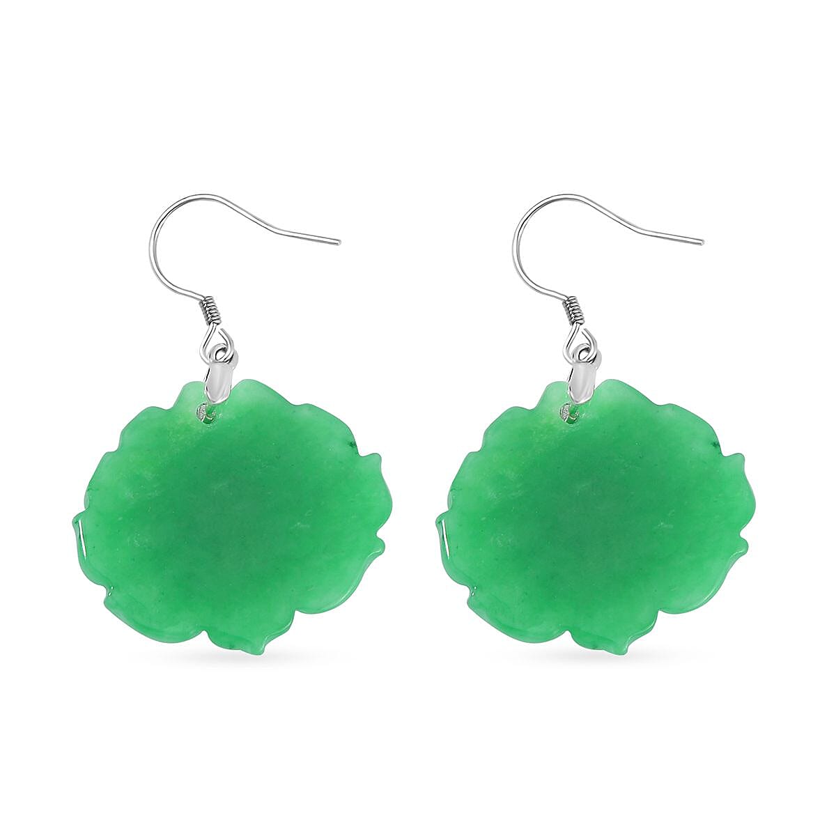 Hand Carved Green Jadeite Jade Earrings in Rhodium Overlay Sterling Silver 61.00 Ct. 3319428 5