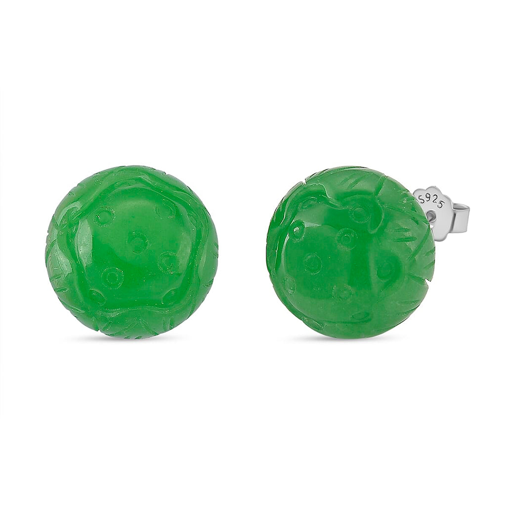 Green Jadeite Earring with Push Back in Rhodium Overlay Sterling Silver 35.00 Ct.