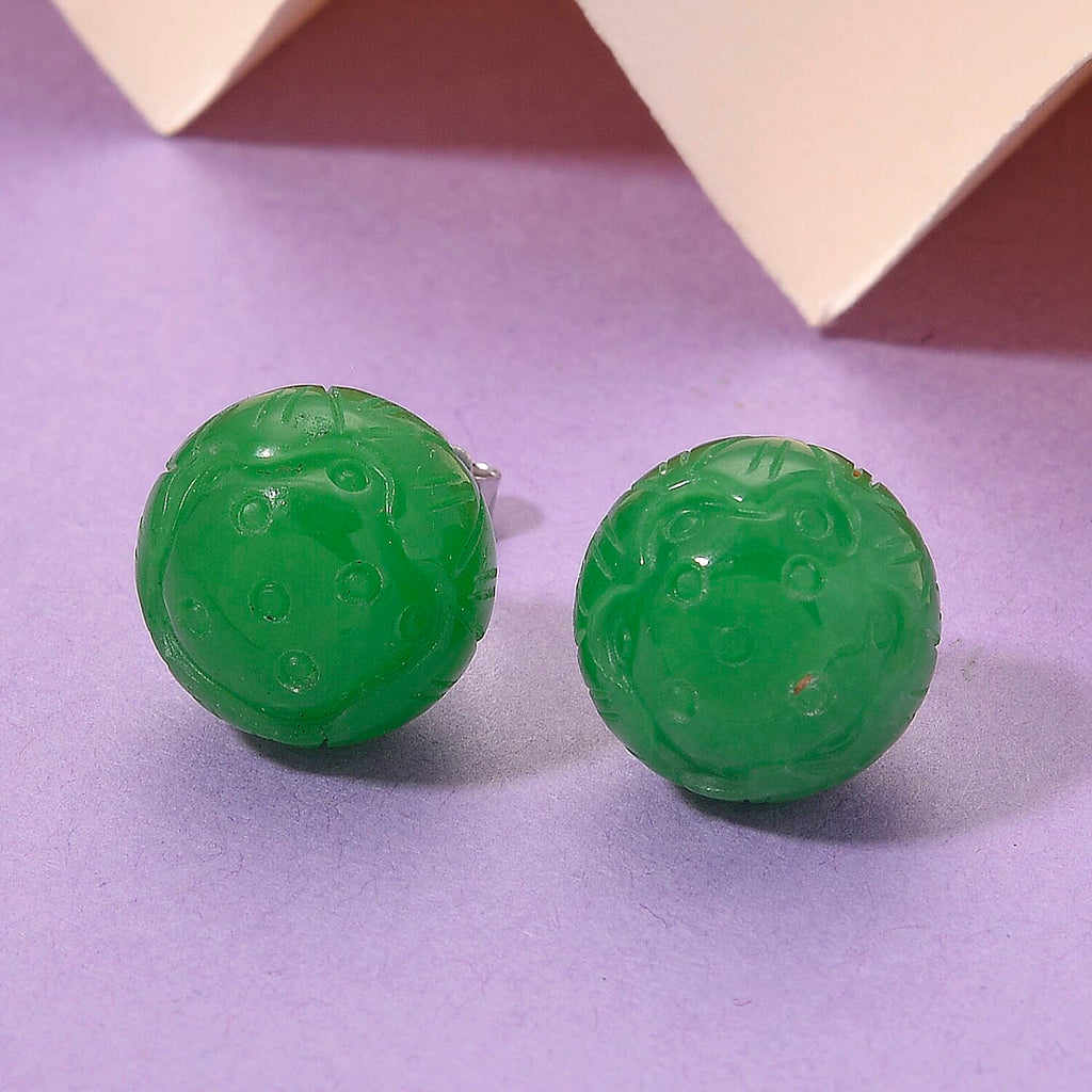 Green Jadeite Earring with Push Back in Rhodium Overlay Sterling Silver 35.00 Ct.