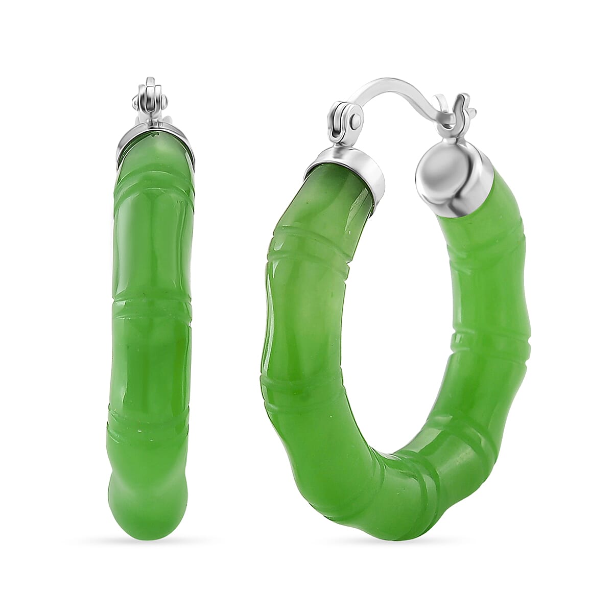 Enhanced Green Jade Hoop Earring with Clasp in Rhodium Overlay Sterling Silver 8166565 0