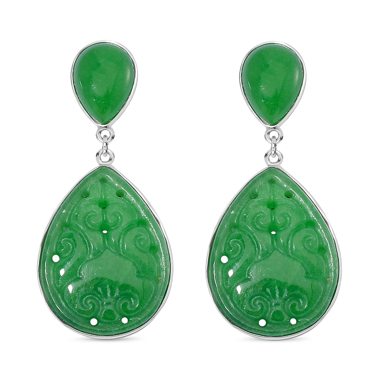 Green Carved Jade Dangle Earrings in Rhodium Overlay Sterling Silver 7824451 0