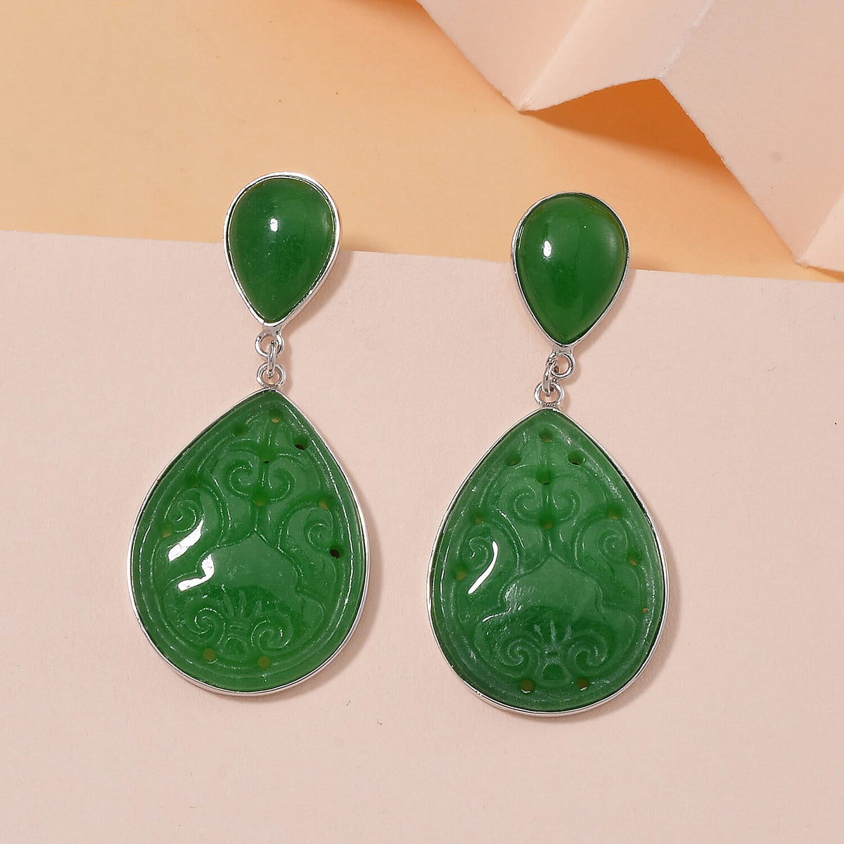 Green Carved Jade Dangle Earrings in Rhodium Overlay Sterling Silver 7824451 2