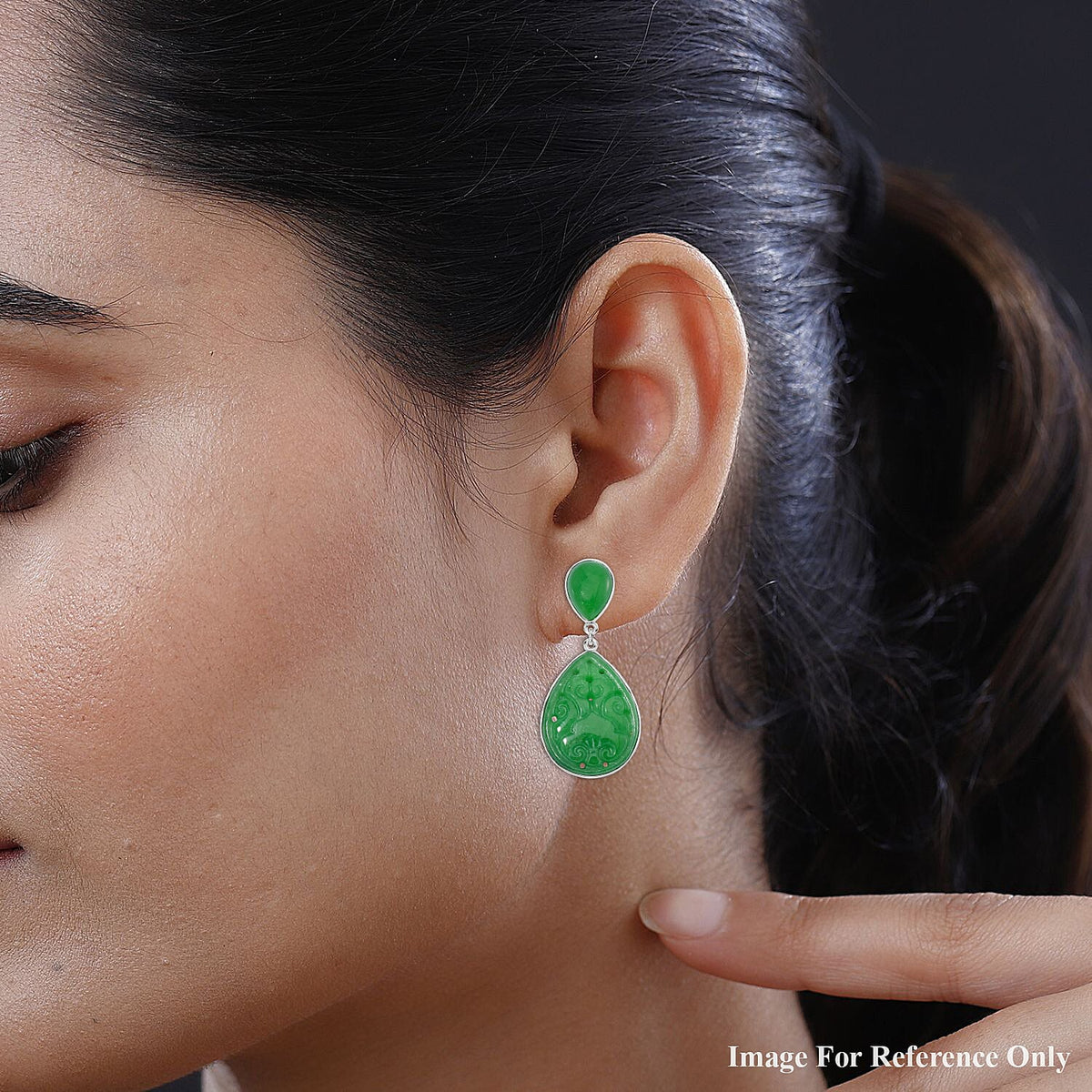 Green Carved Jade Dangle Earrings in Rhodium Overlay Sterling Silver 7824451 3