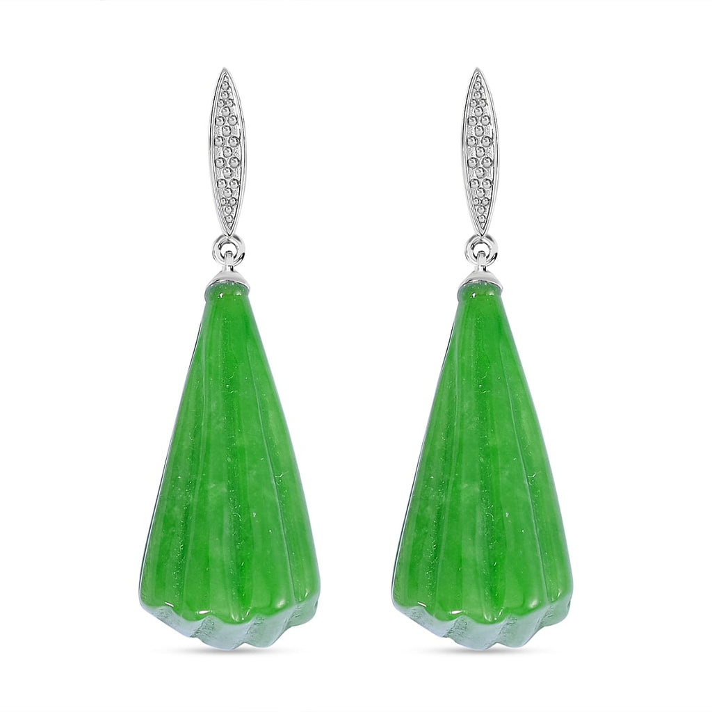 Green Jadeite Jade Earrings in Rhodium Overlay Sterling Silver 65.90 Ct.