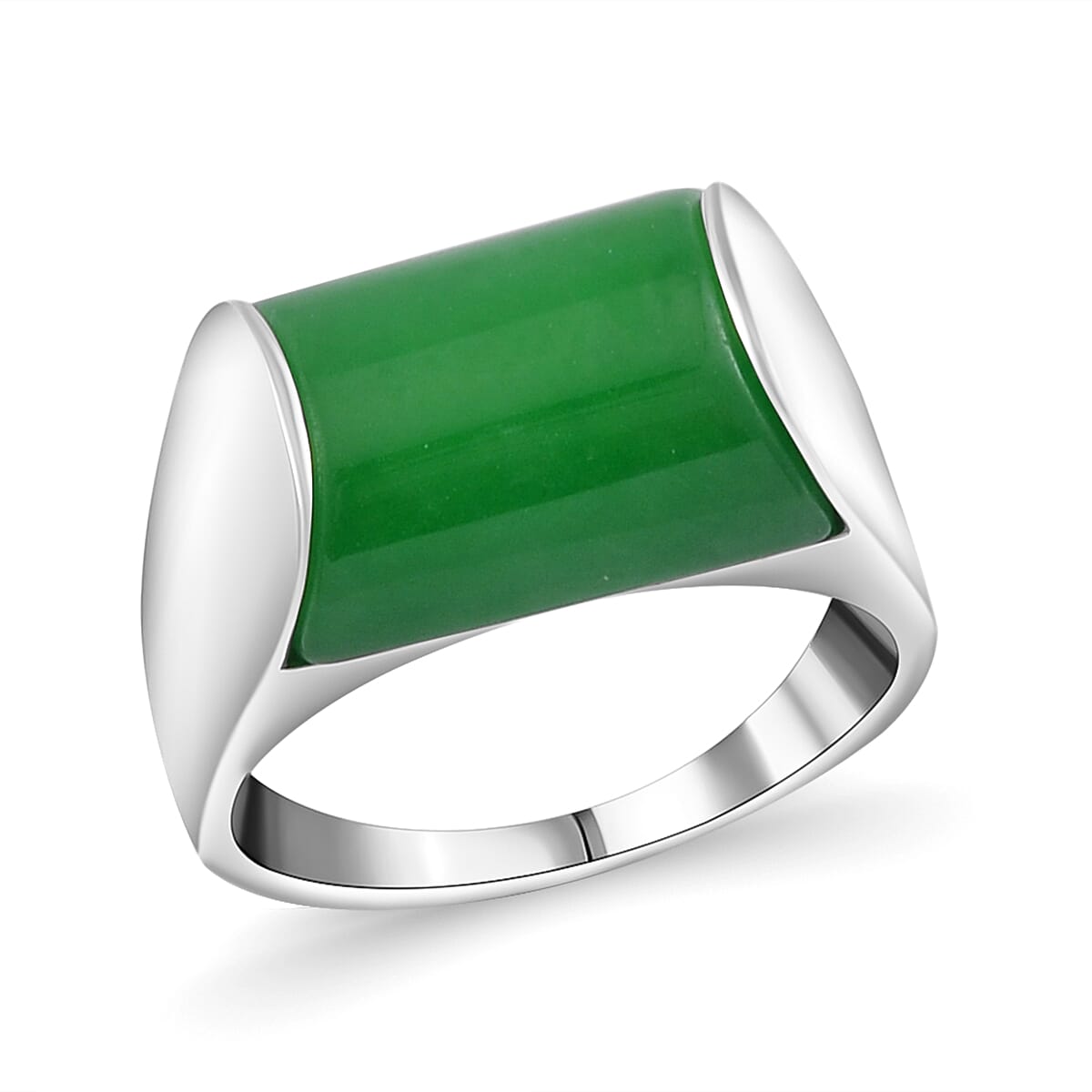 Green Jade Ring in Rhodium Overlay Sterling Silver 12.00 Ct, Silver Wt. 6.50 GM 7686554 0
