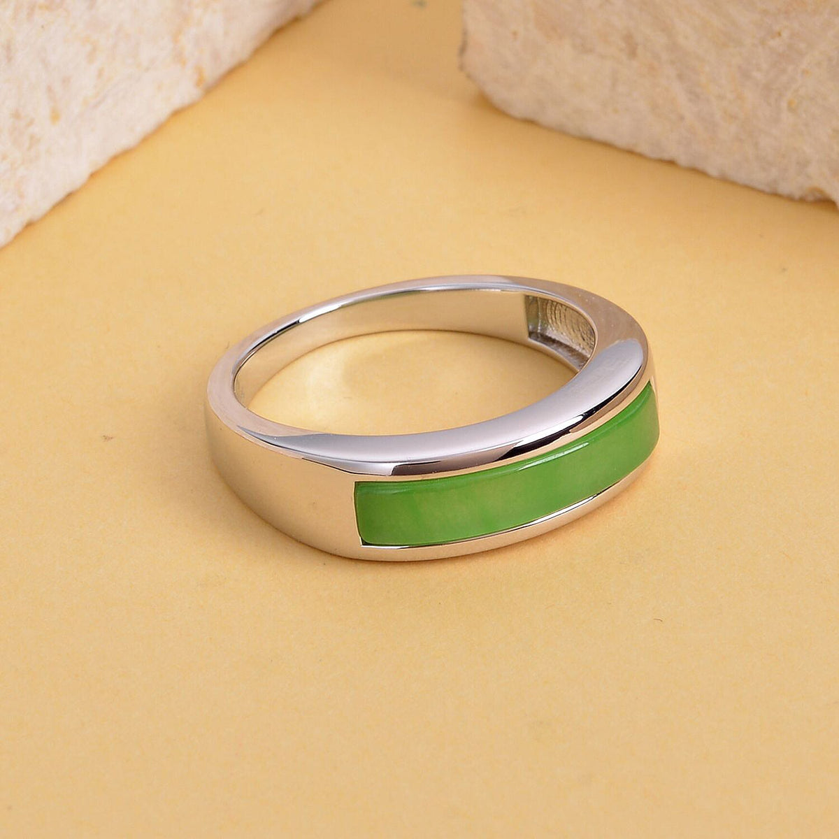 Green Jadeite Jade Band Ring in Rhodium Overlay Sterling Silver 7685525 1