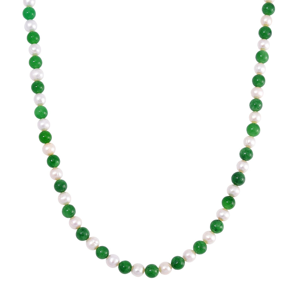 Enhanced Green Jade & Fresh Water Pearl Necklace (Size - 20) in Rhodium Overlay Sterling Silver 200.00 Ct.