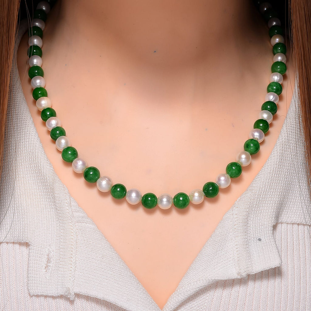 Enhanced Green Jade & Fresh Water Pearl Necklace (Size - 20) in Rhodium Overlay Sterling Silver 200.00 Ct.