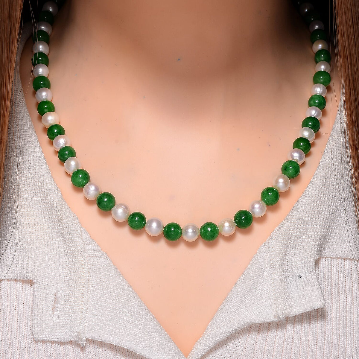 Enhanced Green Jade, Fresh Water Pearl Necklace (Size - 20) in Rhodium Overlay Sterling Silver 200.00 Ct. 8125524 2