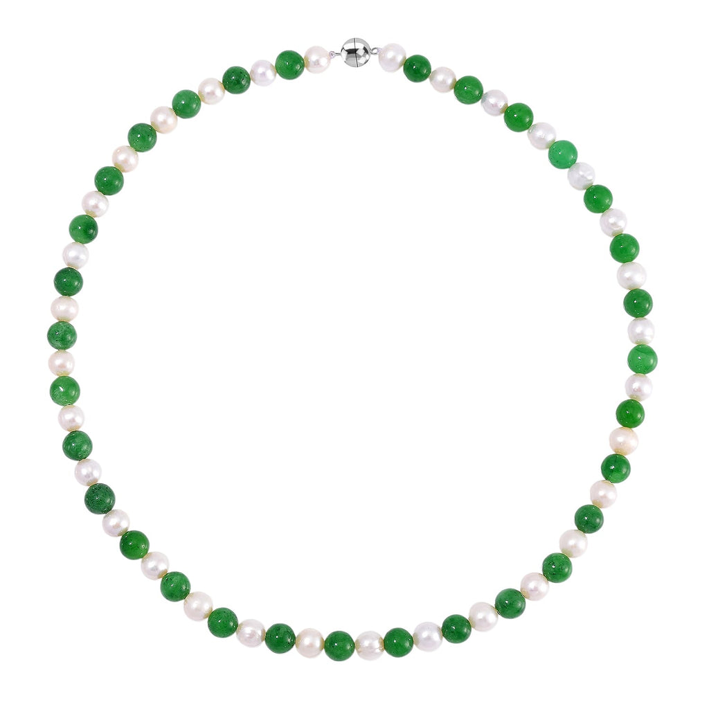 Enhanced Green Jade & Fresh Water Pearl Necklace (Size - 20) in Rhodium Overlay Sterling Silver 200.00 Ct.