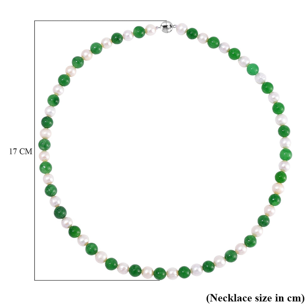 Enhanced Green Jade & Fresh Water Pearl Necklace (Size - 20) in Rhodium Overlay Sterling Silver 200.00 Ct.