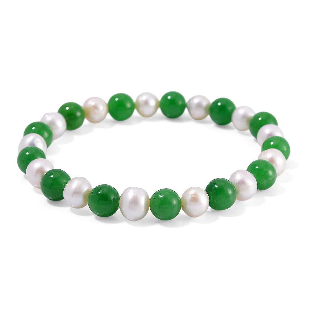 Enhanced Green Jade & Fresh Water Pearl Stone Bracelet (Size 7.5 Stretchable) 100.00 Ct.