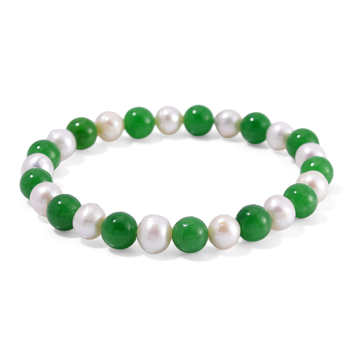 Enhanced Green Jade, Fresh Water Pearl Stone Bracelet (Size 7.5 Stretchable) 100.00 Ct. 8125526 0