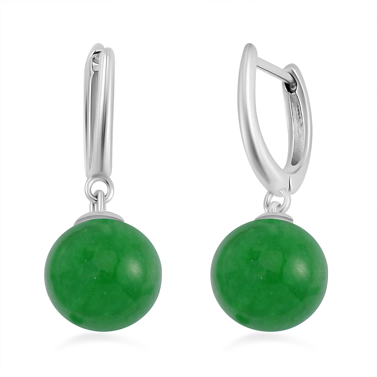 Green Jadeite Jade Half Hoop Ball Earrings in Rhodium Overlay Sterling Silver 23.82 Ct. 7693201 0
