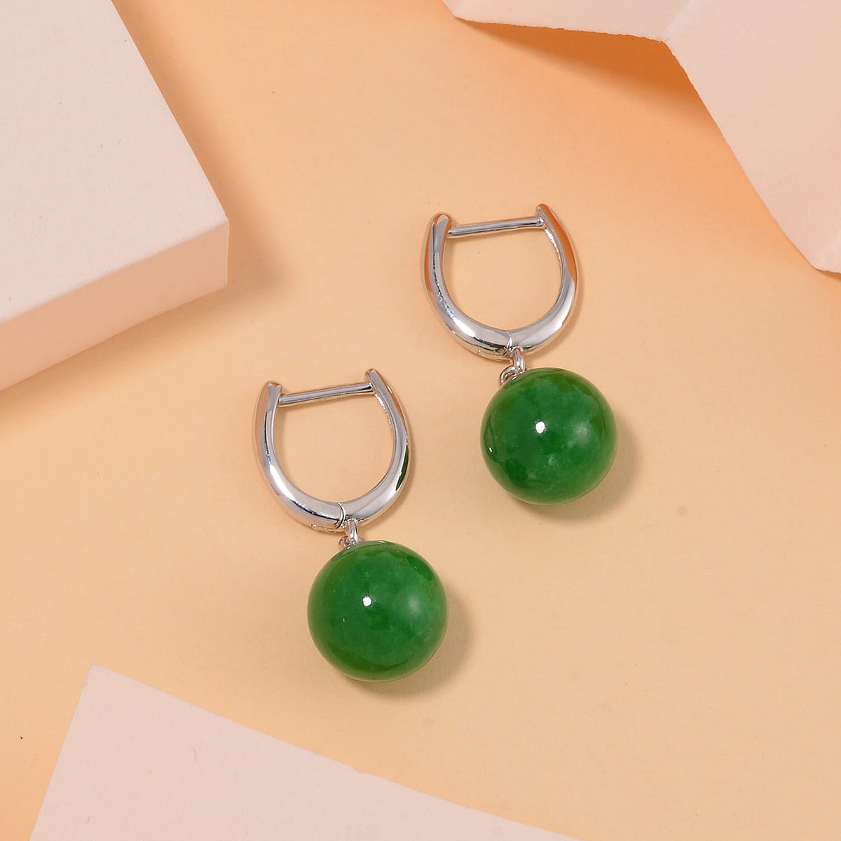 Green Jadeite Jade Half Hoop Ball Earrings in Rhodium Overlay Sterling Silver 23.82 Ct. 7693201 1