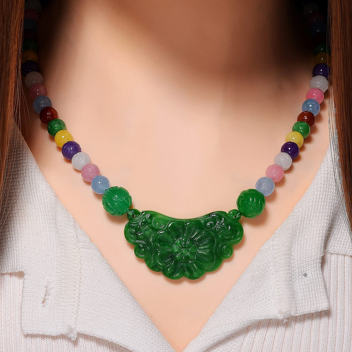 Tucson Find - Green Jade &amp; Multi Colour Jade Necklace (Size - 20) with Magnetic Clasp in Rhodium Overlay Sterling Silver 340.00 Ct. 8193597 2
