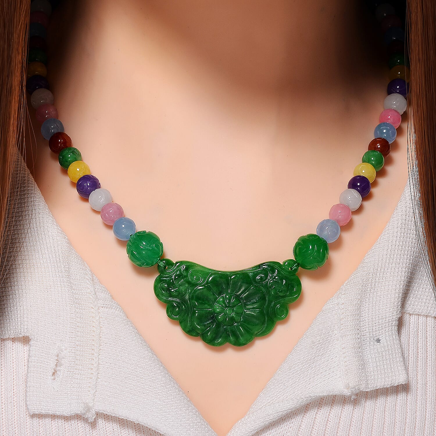 Tucson Find - Green Jade &amp; Multi Colour Jade Necklace (Size - 20) with Magnetic Clasp in Rhodium Overlay Sterling Silver 340.00 Ct. 8193597 2