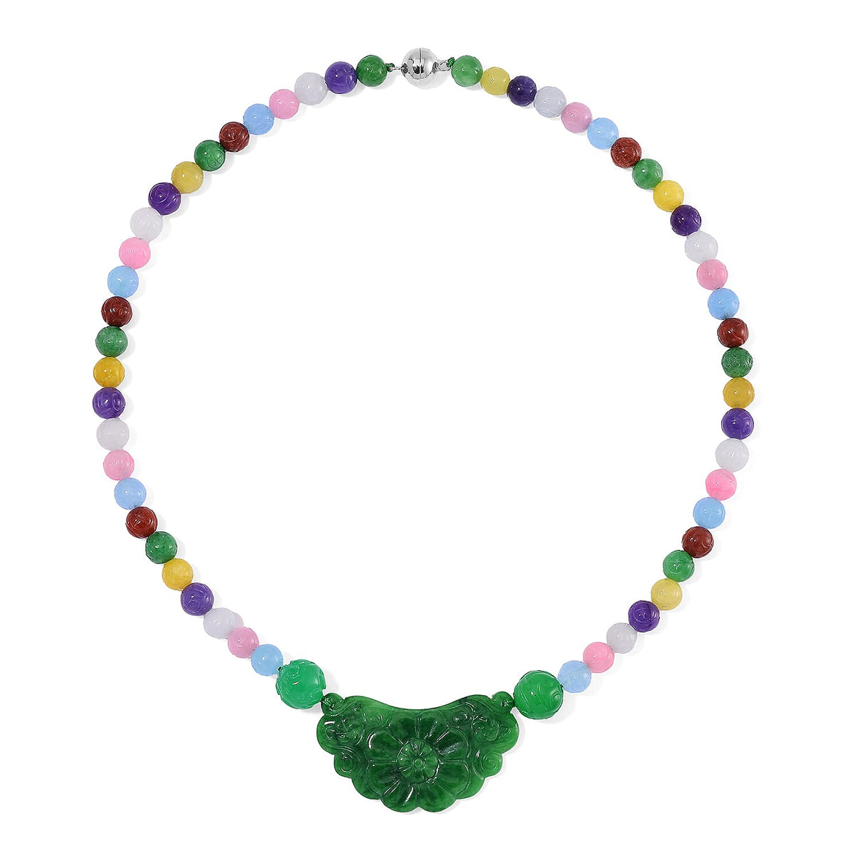 Tucson Find - Green Jade &amp; Multi Colour Jade Necklace (Size - 20) with Magnetic Clasp in Rhodium Overlay Sterling Silver 340.00 Ct. 8193597 3