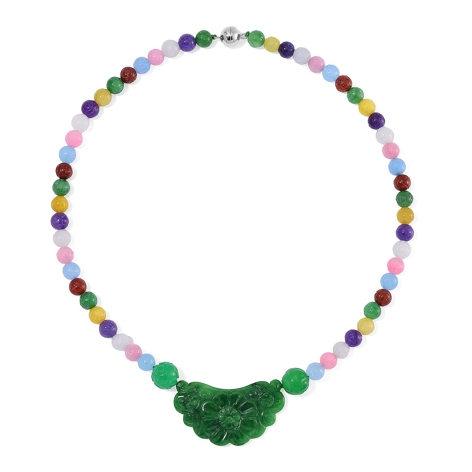 Tucson Find - Green Jade &amp; Multi Colour Jade Necklace (Size - 20) with Magnetic Clasp in Rhodium Overlay Sterling Silver 340.00 Ct. 8193597 3