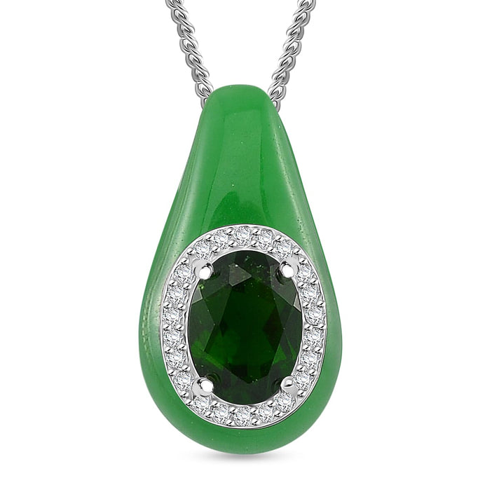Green Jade, Natural Chrome Diopside &amp; White Zircon Halo Drop Pendant with Chain (Size 18) in Rhodium Overlay Sterling Silver 5.86 Ct. 4360257 1