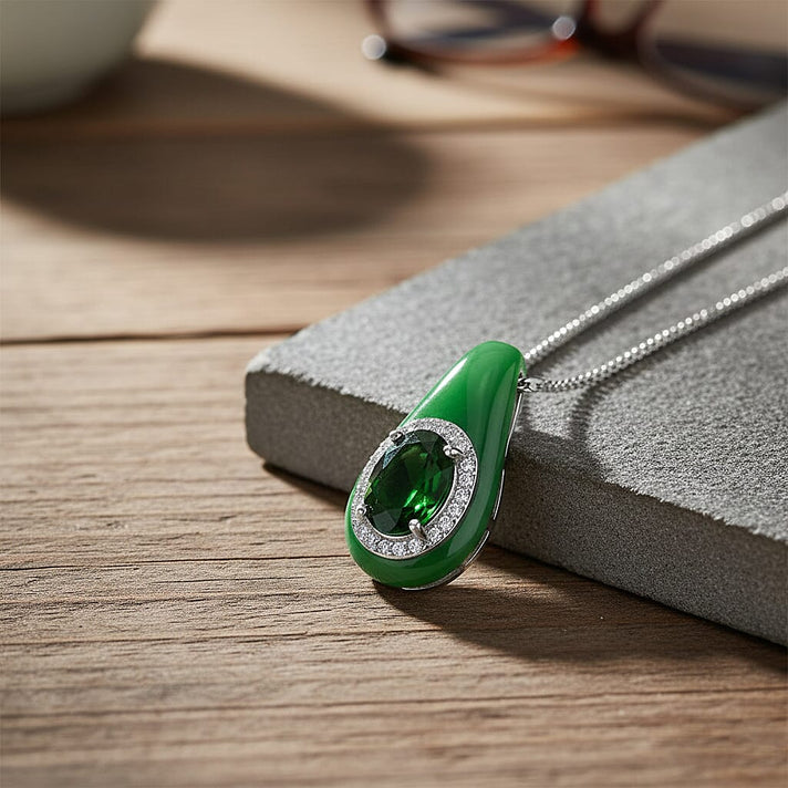 Green Jade, Natural Chrome Diopside &amp; White Zircon Halo Drop Pendant with Chain (Size 18) in Rhodium Overlay Sterling Silver 5.86 Ct. 4360257 2