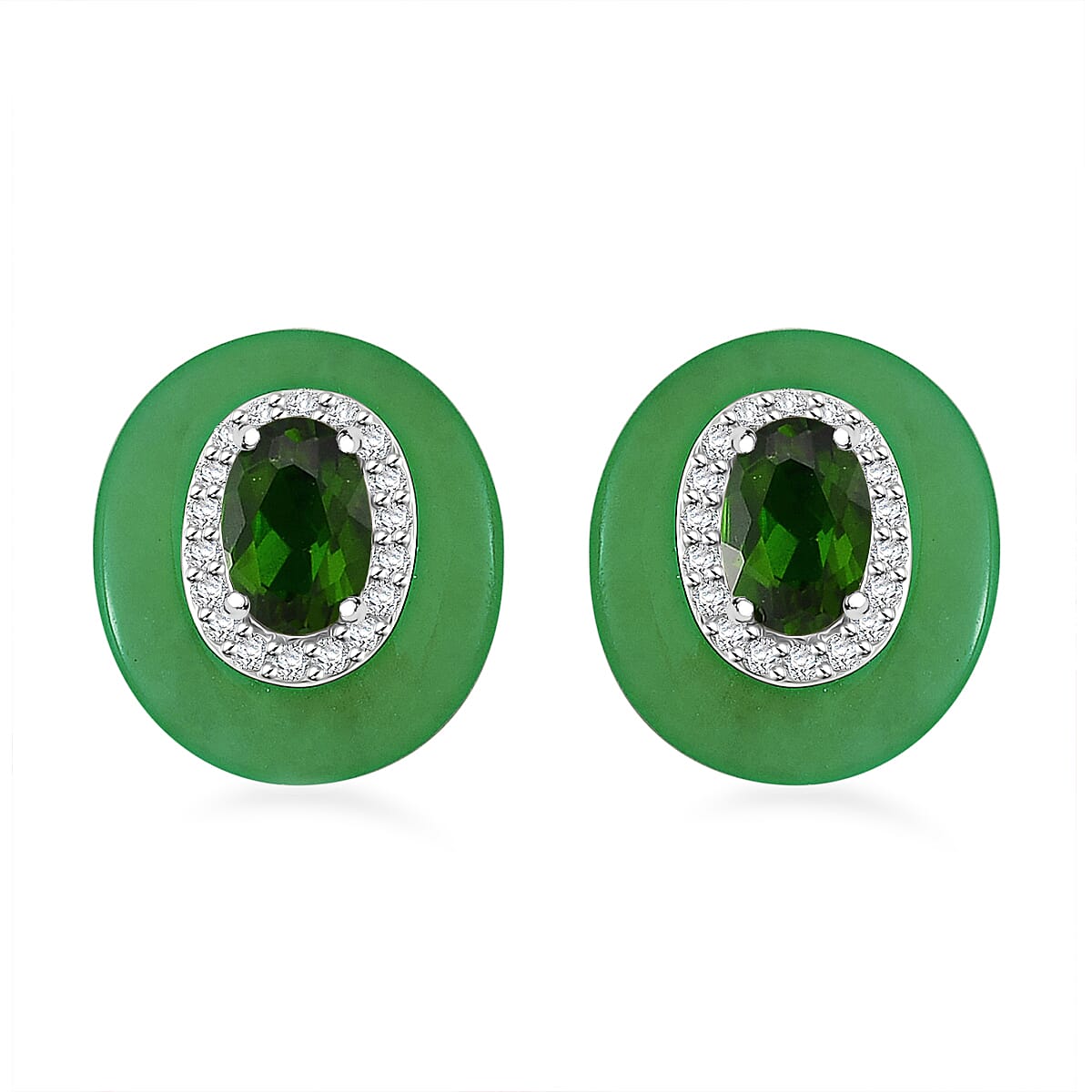 Green Jade, Natural Chrome Diopside &amp; White Zircon Stud Push Post Earring in Rhodium Overlay Sterling Silver 7.65 Ct. 8062471 0