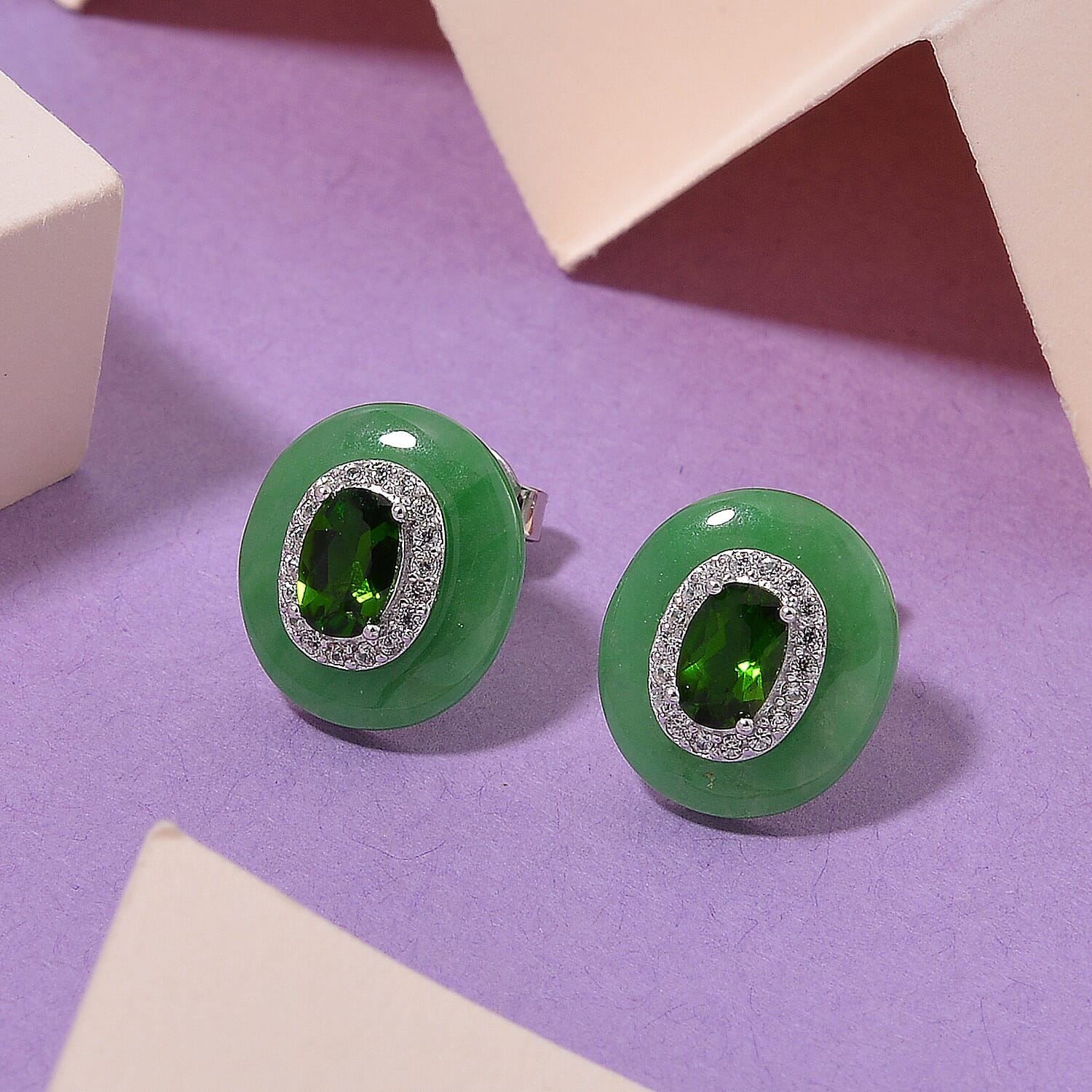 Green Jade, Natural Chrome Diopside &amp; White Zircon Stud Push Post Earring in Rhodium Overlay Sterling Silver 7.65 Ct. 8062471 2