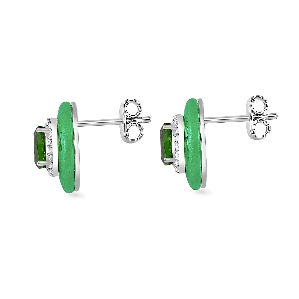 Green Jade, Natural Chrome Diopside &amp; White Zircon Stud Push Post Earring in Rhodium Overlay Sterling Silver 7.65 Ct. 8062471 4