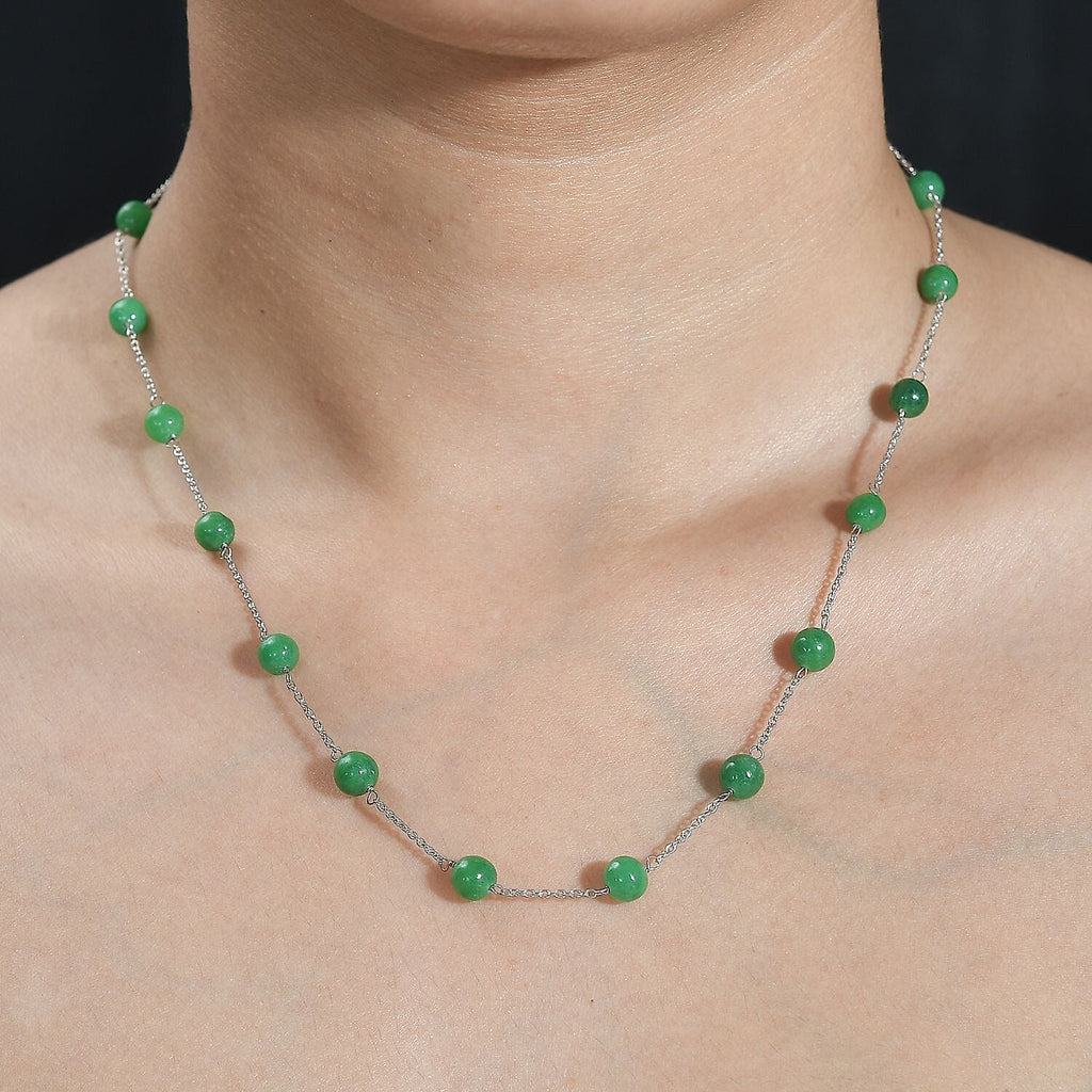 Green Jade Necklace (Size - 18) in Rhodium Overlay Sterling Silver 28.46 Ct.