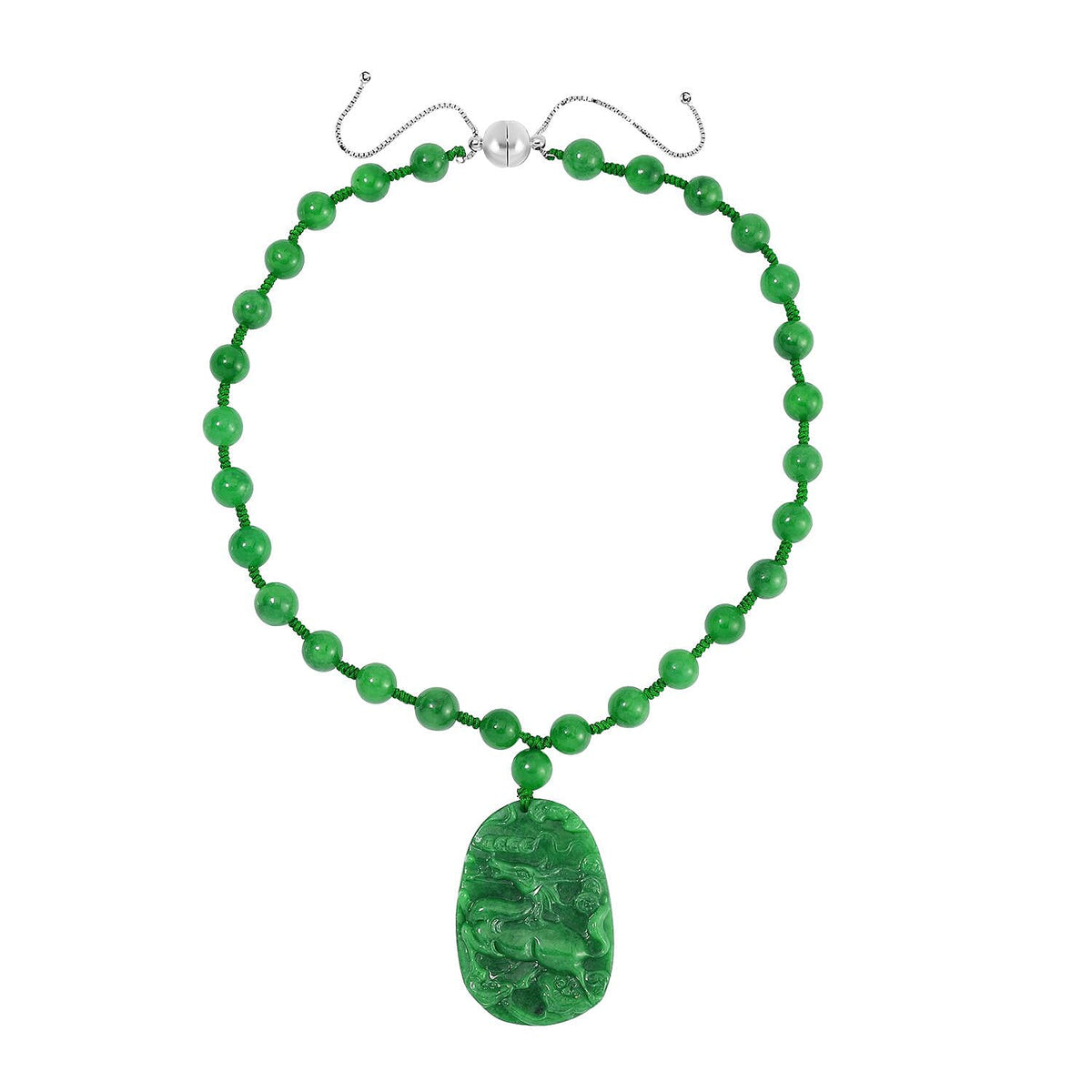 Extremely Rare Green Jade Carved Dragon Necklace (Size - 18) in Rhodium Overlay Sterling Silver 411.00 Ct. 7691746 2