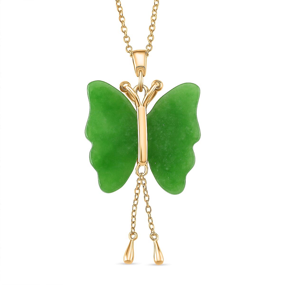 Enhanced Green Jade Butterfly Pendant with Chain (Size - 20) with Lobster Clasp in Yellow Gold Plated Sterling Silver 8151910 0