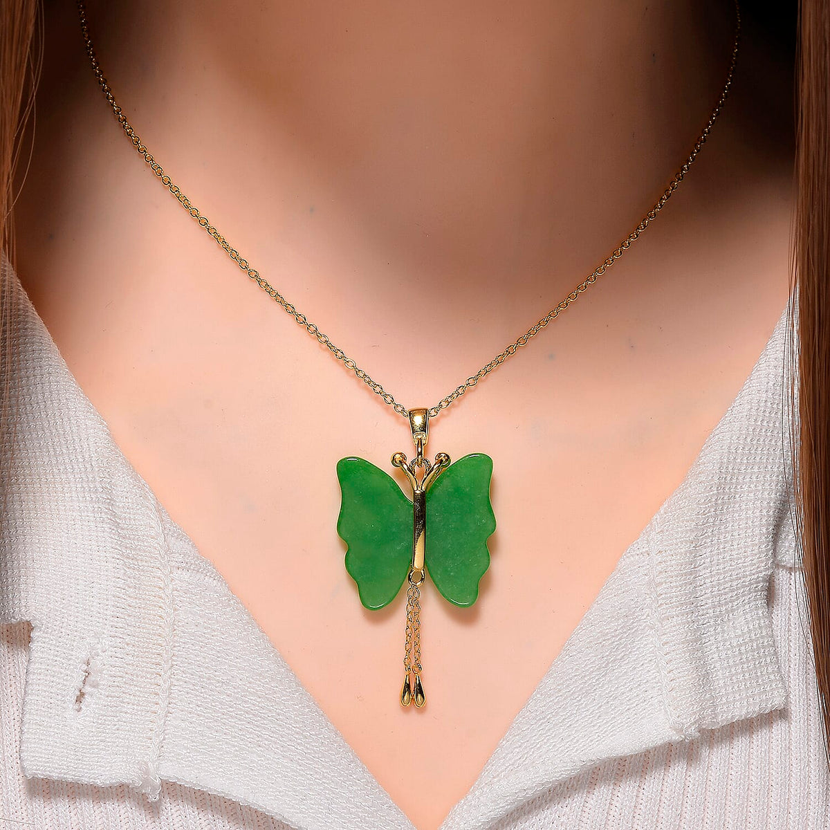 Enhanced Green Jade Butterfly Pendant with Chain (Size - 20) with Lobster Clasp in Yellow Gold Plated Sterling Silver 8151910 2