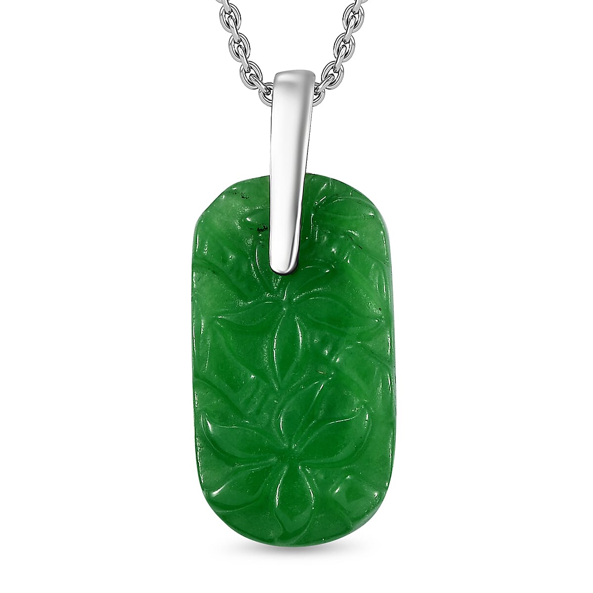 Green Jade Floral Carved Pendant with Chain (Size 20) in Platinum Overlay Sterling Silver  15 Ct. 4300025 0