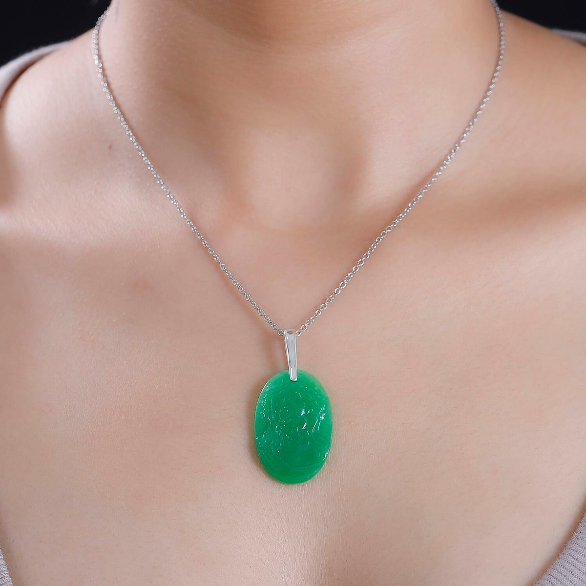 Platinum Overlay Green Jade Pendant with Steel Chain (Size 20)  22.000  Ct. 4300774 2