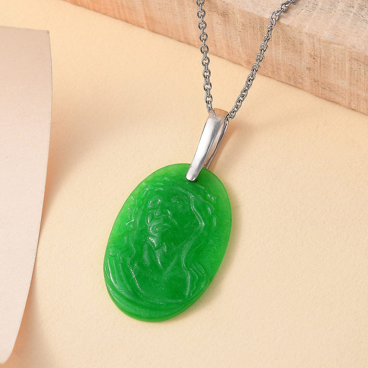 Platinum Overlay Green Jade Pendant with Steel Chain (Size 20)  22.000  Ct. 4300774 3