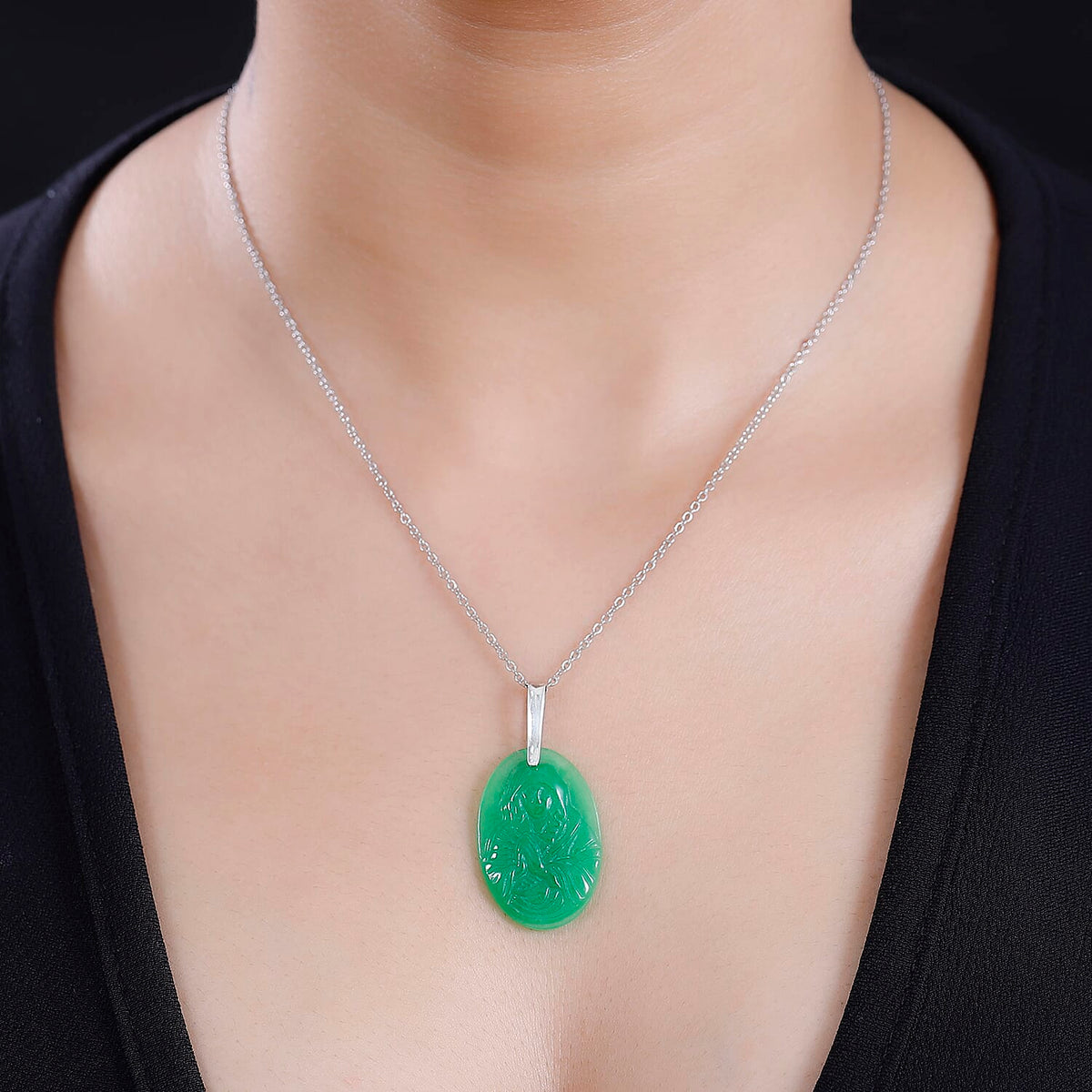 Platinum Overlay Green Jade Pendant with Steel Chain (Size 20) 22.000 Ct. 4300775 1