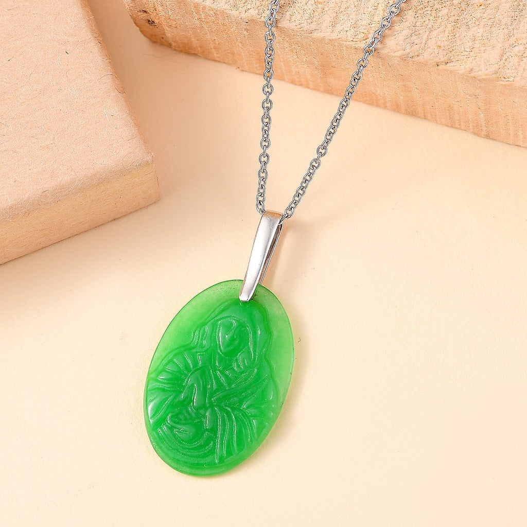 Platinum Overlay Green Jade Pendant with Steel Chain (Size 20) 22.000 Ct.