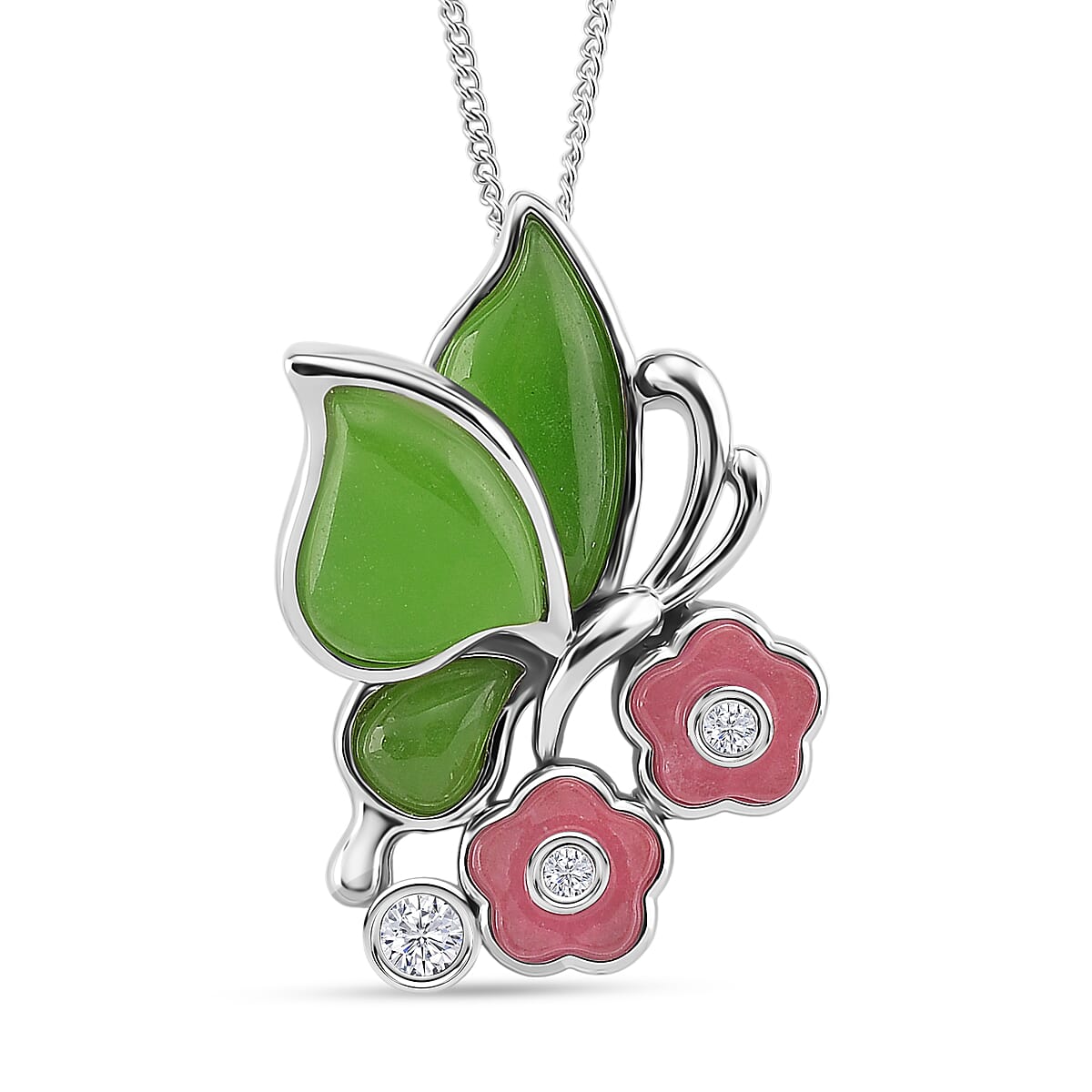 GP Italian Garden Collection - Green Jade, Pink Jade, White Zircon Butterfly Pendant with Chain (Size 18) in Rhodium Overlay Sterling Silver 7.54 Ct. 4379262 0