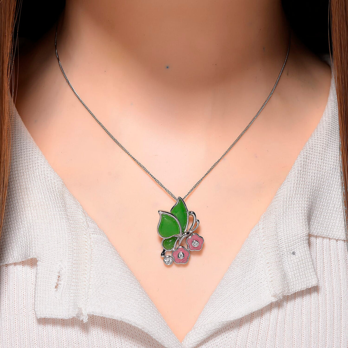 GP Italian Garden Collection - Green Jade, Pink Jade, White Zircon Butterfly Pendant with Chain (Size 18) in Rhodium Overlay Sterling Silver 7.54 Ct. 4379262 2