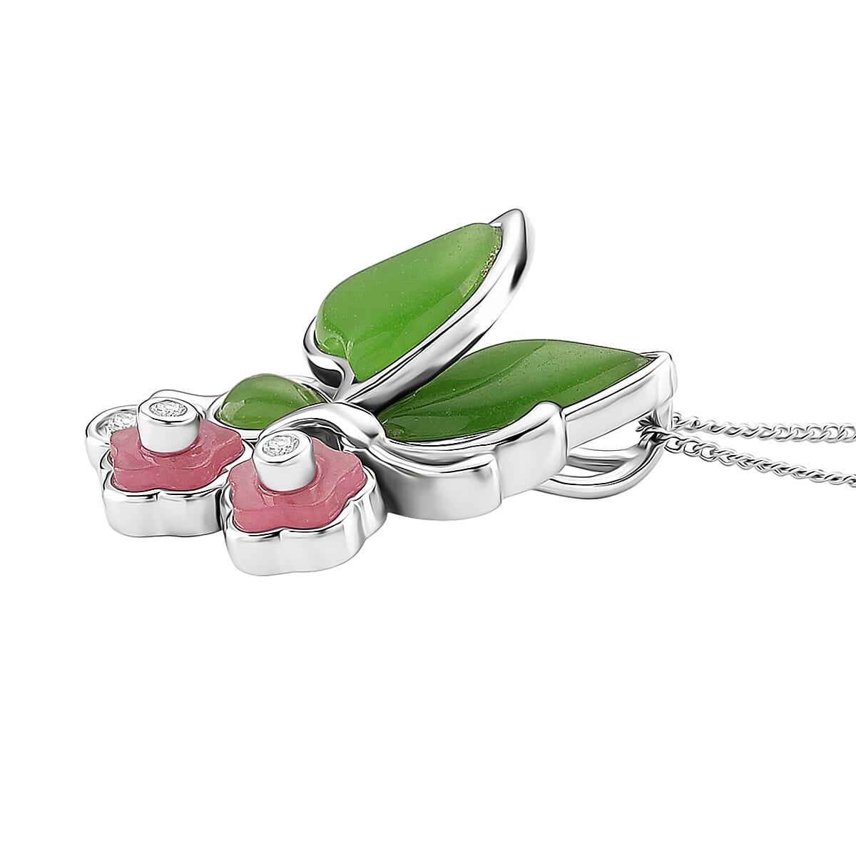 GP Italian Garden Collection - Green Jade, Pink Jade, White Zircon Butterfly Pendant with Chain (Size 18) in Rhodium Overlay Sterling Silver 7.54 Ct. 4379262 3
