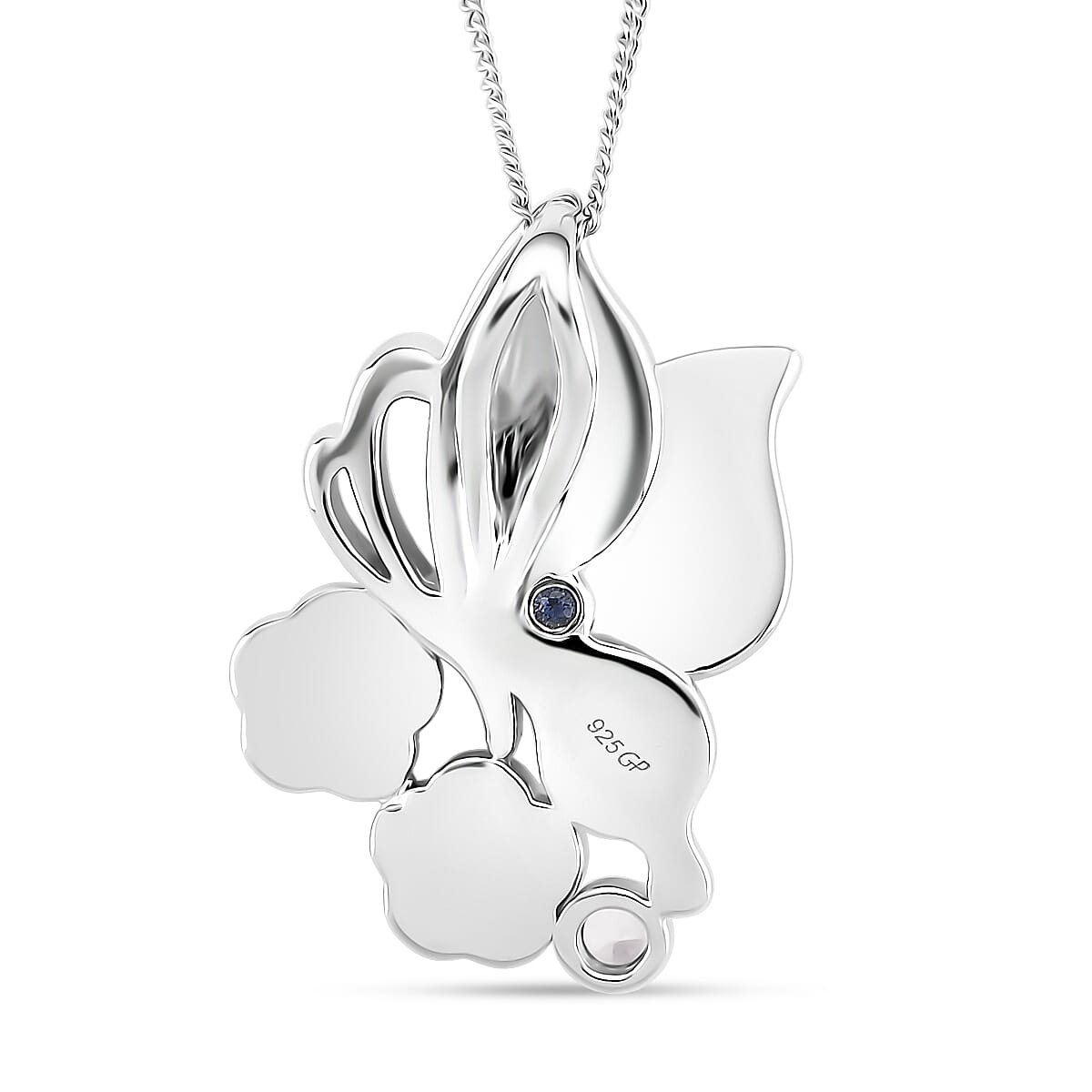 GP Italian Garden Collection - Green Jade, Pink Jade, White Zircon Butterfly Pendant with Chain (Size 18) in Rhodium Overlay Sterling Silver 7.54 Ct. 4379262 4