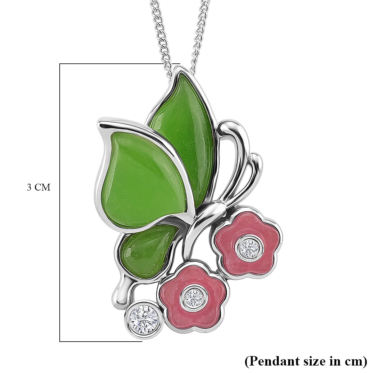 GP Italian Garden Collection - Green Jade, Pink Jade, White Zircon Butterfly Pendant with Chain (Size 18) in Rhodium Overlay Sterling Silver 7.54 Ct. 4379262 6