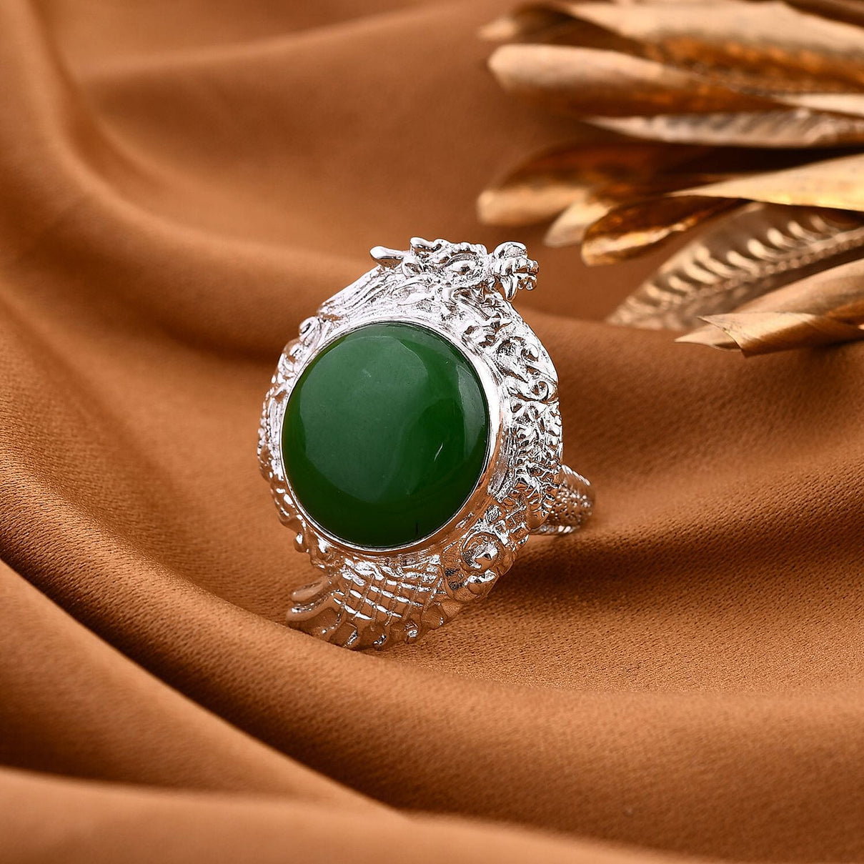 Royal Bali Collection - Green Jade Solitaire Ring in Sterling Silver 15.50 Ct, Silver Wt 10.70 GM 7688872 1