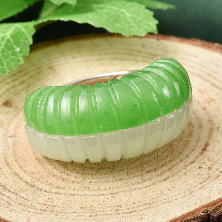Green &amp; Natural White Jade Dome Ring in Rhodium Overlay Sterling Silver 25.84 Ct 7686568 2