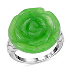 Green Jadeite Jade & Natural Zircon Floral Ring in Rhodium Overlay Sterling Silver 18.25 Ct, Silver Wt 5.00 GM