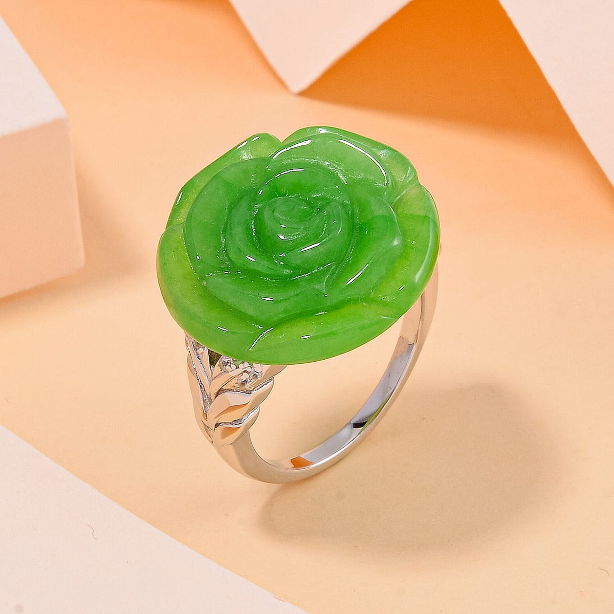 Green Jadeite Jade &amp; Natural Zircon Floral Ring in Rhodium Overlay Sterling Silver 18.25 Ct, Silver Wt 5.00 GM 7685885 1