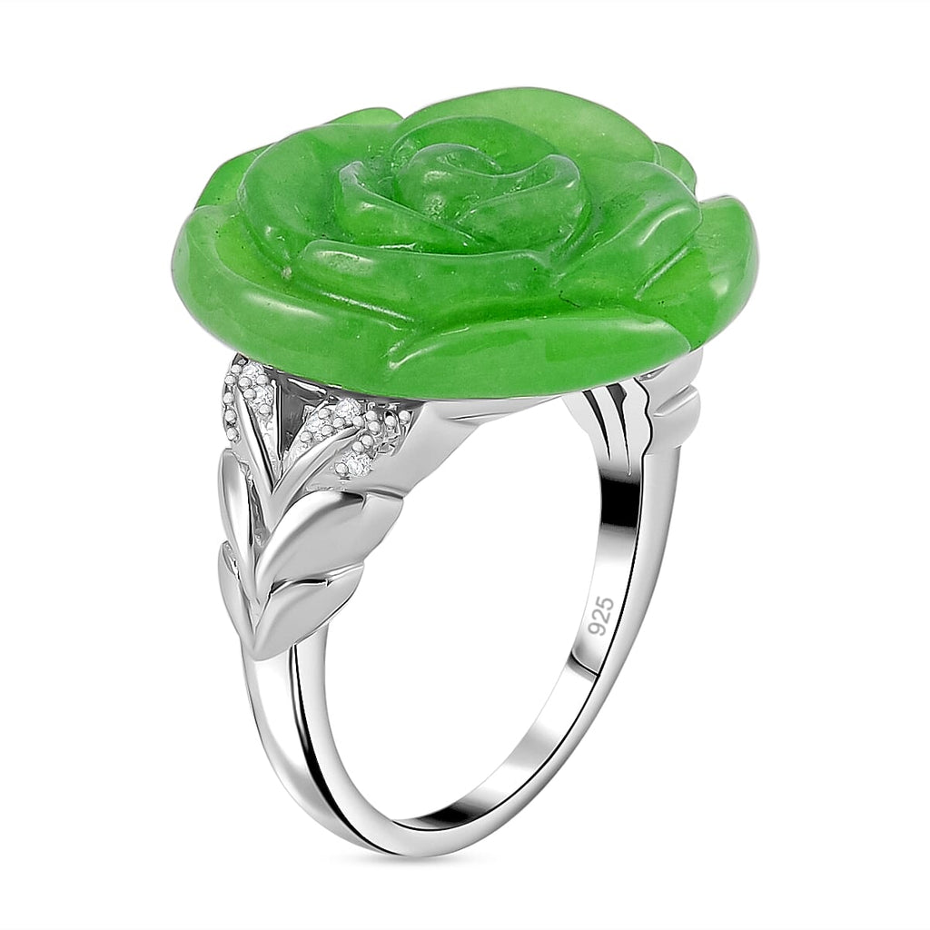 Green Jadeite Jade & Natural Zircon Floral Ring in Rhodium Overlay Sterling Silver 18.25 Ct, Silver Wt 5.00 GM