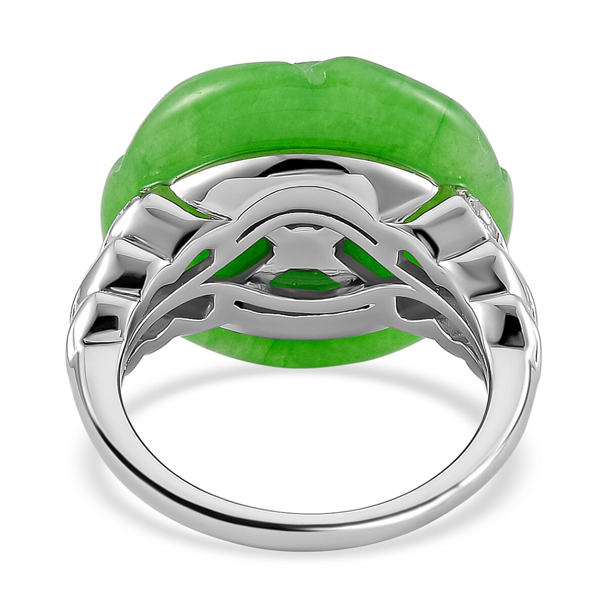 Green Jadeite Jade &amp; Natural Zircon Floral Ring in Rhodium Overlay Sterling Silver 18.25 Ct, Silver Wt 5.00 GM 7685885 4
