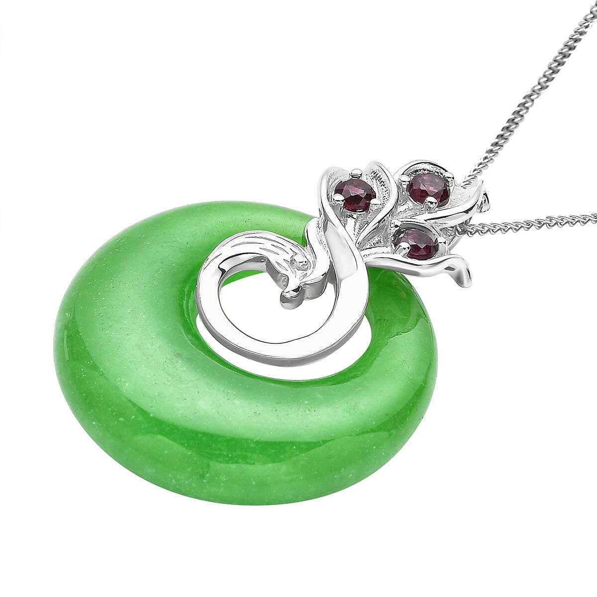 Green Jade and Rhodolite Garnet Circle Pendant With Chain in Rhodium Plated Silver 18 Inch 3446097 4